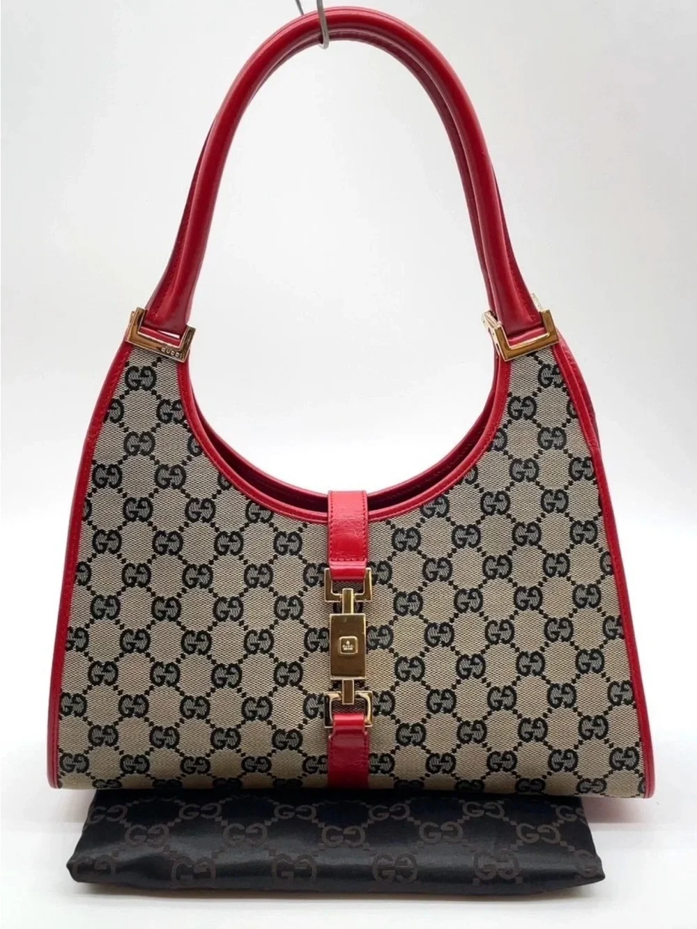 Auth Gucci Jackie GG Canvas Leather Red 002.1067 Shoulder Bag W/Dustbag